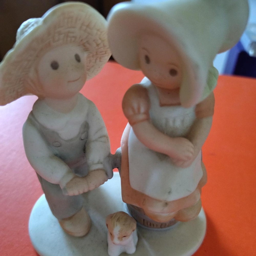Porcelain Figure of boy, girl, & Puppy. Circle of friends By Masterpiece